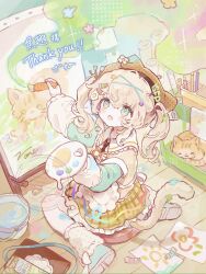  1girl :o animal animal_ears animal_hat apron aqua_shoes artist_name beret black_necktie blonde_hair blush_stickers bow brown_hat brown_skirt carrot cat cat_ears cat_girl cat_hat cat_tail colorful commentary commission curly_hair curly_sidelocks easel egg_hair_ornament english_commentary flower food-themed_hair_ornament footwear_bow frilled_shirt_collar frilled_skirt frills from_above from_behind full_body green_eyes green_sleeves hair_flower hair_ornament hand_up hat hat_flower highres holding holding_paint_palette holding_paintbrush indoors leg_warmers long_sleeves looking_to_the_side looking_up necktie open_mouth original outstretched_arm paint paint_can paint_palette paint_tube paintbrush paintbrush_hair_ornament painting_(action) painting_(object) paper plaid_clothes plaid_skirt polka_dot_headwear puffy_long_sleeves puffy_sleeves puritan_collar ruler shirt shoes short_hair sidelocks sitting skirt sleeping_animal solo sparkle tail tail_flower tail_ornament thank_you twintails wariza watermark white_apron white_bow wooden_floor x_hair_ornament yellow_leg_warmers yellow_shirt zane290 