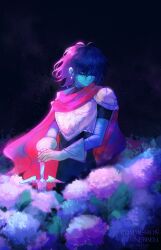  1other absurdres armor artist_name black_unitard blue_hair blue_skin breastplate cape colored_skin commentary commission delta_rune_(symbol) deltarune earrings english_commentary flower freckles highres hydrangea jewelry kris_(dark_world)_(deltarune) kris_(deltarune) looking_back nebbeli other_focus pink_cape red_eyes scar scar_on_arm short_hair short_sleeves shoulder_armor star_(sky) sword utdr_(toby_fox) watermark weapon 