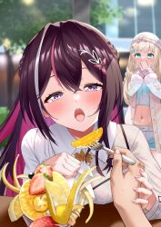  1other aqua_hair aqua_shirt ascot azki_(4th_costume)_(hololive) azki_(hololive) backwards_hat baseball_cap black_hair blonde_hair blue_shorts blurry blurry_background blurry_foreground blush braid cloud_print collared_dress colored_inner_hair commentary covering_own_mouth cropped_shirt crossed_bangs day double-parted_bangs dress faubynet feeding food fork fruit hair_between_eyes hair_intakes hair_ornament hairclip half_up_braid hand_grab hat highres holding holding_fork hololive jacket kazama_iroha kazama_iroha_(street) long_hair looking_at_another looking_at_viewer mole mole_under_eye multicolored_hair nail_polish navel official_alternate_costume official_alternate_hairstyle open_mouth outdoors pink_hair pink_jacket pink_nails pov pov_hands revision shirt short_shorts shorts side_braids streaked_hair teeth upper_teeth_only violet_eyes virtual_youtuber white_ascot white_dress white_hat white_streaks 