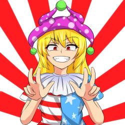  1girl american_flag american_flag_dress american_flag_print blonde_hair clownpiece commentary_request double_v dress flag_print grin hat hidaruma jester_cap long_hair missing_wings pink_hat polka_dot_headwear red_eyes short_sleeves smile solo touhou v 