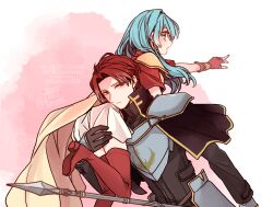  1boy 1girl 2025 aqua_eyes aqua_hair armor black_capelet black_shirt boots breastplate breasts cape capelet carrying carrying_over_shoulder carrying_person closed_mouth commentary_request eirika_(fire_emblem) fingerless_gloves fire_emblem fire_emblem:_the_sacred_stones gloves grey_armor holding holding_polearm holding_weapon leg_up long_hair long_sleeves looking_back open_mouth parted_bangs pink_background pointing polearm red_boots red_eyes red_gloves red_hair red_shirt sayu030b seth_(fire_emblem) shirt short_hair short_sleeves shoulder_armor skirt small_breasts spear thigh_boots two-tone_background watermark weapon white_background white_skirt yellow_armor yellow_cape zettai_ryouiki 