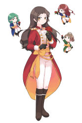  4girls absurdres ascot blonde_hair blue_coat boots brown_boots brown_eyes chibi chibi_inset closed_mouth coat commentary_request epaulettes etoile_brilliant_(idolmaster) flower full_body green_coat green_hair highres holding holding_flower idolmaster idolmaster_million_live! idolmaster_million_live!_theater_days kitazawa_shiho long_hair multiple_girls oddsnl official_alternate_costume pants red_coat red_flower red_rose rose sakuramori_kaori simple_background standing tanaka_kotoha tokugawa_matsuri white_ascot white_background white_pants 