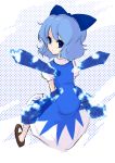  bad_id blue_eyes blue_hair bow cirno from_behind looking_back mary_janes shoes short_hair sitting solo touhou wings 