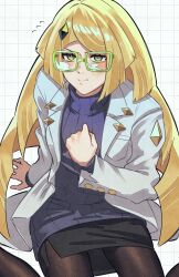  absurdres andrich_galam black_pantyhose blonde_hair clenched_hand glasses green-framed_eyewear green_eyes highres lab_coat lusamine_(pokemon) pantyhose pokemon pokemon_sun_and_moon purple_sweater sitting skirt sweater turtleneck turtleneck_sweater wariza 