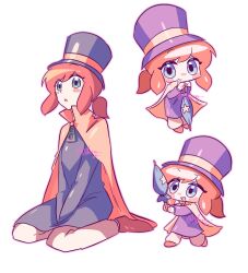  1girl :o a_hat_in_time ankle_boots blue_eyes blush boots brown_boots brown_hair cape chibi closed_mouth closed_umbrella commentary hair_tie hands_on_lap hat hat_kid hat_ribbon highres holding holding_umbrella jacket jibung long_sleeves looking_at_viewer medium_hair multiple_views pants parted_lips ponytail purple_hat purple_jacket ribbon sidelocks sitting smile standing star_(symbol) top_hat twitter_username umbrella wariza white_background white_pants yellow_cape yellow_ribbon zipper_pull_tab 