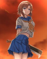  1girl arms_behind_back blue_eyes blue_skirt brown_hair cowboy_shot highres higurashi_no_naku_koro_ni holding holding_weapon looking_at_viewer midriff_peek nata_(tool) neckerchief ryuuguu_rena school_uniform serafuku shirt short_sleeves skirt solo weapon white_shirt yellow_neckerchief zaofeng 