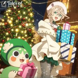  1girl alisha_diphda alisha_diphda_(christmas) artist_request blonde_hair building chibikemo christmas christmas_ornaments christmas_tree coat copyright_logo copyright_name cowboy_shot dress fur-trimmed_dress fur-trimmed_headwear fur_trim gift green_eyes hat highres holding holding_gift logo long_hair looking_at_viewer night normin_(tales) official_alternate_costume official_alternate_hairstyle official_art open_mouth outdoors pantyhose side_ponytail smile snow solo standing tales_of_(series) tales_of_zestiria walking white_coat white_hat 