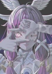  1girl bare_shoulders black_hair bow bowtie closed_mouth columbina_(genshin_impact) commentary_request dress eye_mask finger_frame genshin_impact hair_ornament hair_ribbon head_wings highres long_hair mask multicolored_hair multiple_wings one_eye_closed penngazuki portrait purple_hair purple_streaks ribbon simple_background smile solo streaked_hair two-tone_hair violet_eyes white_bow white_dress white_wings wing_hair_ornament wings x-shaped_eyewear 