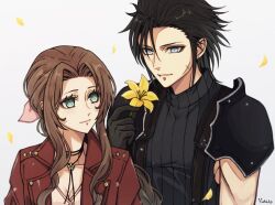 1boy 1girl aerith_gainsborough armor black_hair blue_eyes brown_hair closed_mouth commentary_request cross_scar dress falling_petals final_fantasy final_fantasy_vii final_fantasy_vii_remake flower green_eyes hair_ribbon holding holding_flower jacket lily_(flower) long_hair looking_at_another parted_bangs petals pink_dress pink_ribbon red_jacket ribbed_sweater ribbon scar scar_on_cheek scar_on_face shoulder_armor signature sleeveless sleeveless_turtleneck sweater turtleneck turtleneck_sweater upper_body yellow_flower yellow_petals yukiko_(leovioykk) zack_fair 