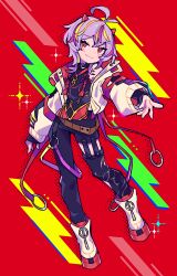  1girl :3 absurdres antenna_hair belt black_jacket black_pants black_shirt blonde_streaks blush boots brown_belt character_request closed_mouth commentary_request commission copyright_request crossed_bangs double-parted_bangs full_body hair_between_eyes highres honoca6190 horns jacket long_sleeves looking_at_viewer multicolored_hair open_clothes open_jacket outstretched_arm pants purple_hair purple_streaks red_background red_eyes red_horns shirt skeb_commission sleeveless sleeveless_shirt small_horns smile solo standing streaked_hair white_boots 