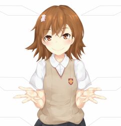  1girl asymmetrical_bangs bare_arms brown_sweater_vest closed_mouth collared_shirt commentary_request dot_nose emblem flower_hairpin grey_skirt hair_between_eyes hands_up light_blush looking_at_viewer medium_hair misaka_mikoto partial_commentary pleated_skirt school_emblem school_uniform shin_(highest1192) shirt simple_background skirt sleeveless smile solo summer_uniform sweater_vest toaru_kagaku_no_railgun toaru_majutsu_no_index tokiwadai_school_uniform upper_body v-neck white_background white_shirt 