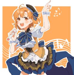  1girl 2l_(2lsize) :d absurdres ahoge arm_up blue_bow blue_bowtie blush border bow bowtie breasts character_name commentary_request cowboy_shot dated eighth_note frilled_skirt frills happy_birthday hat highres holding holding_microphone idolmaster idolmaster_million_live! idolmaster_million_live!_theater_days layered_skirt microphone musical_note musical_staff musical_staff_print official_alternate_costume open_mouth orange_background orange_eyes orange_hair orange_vest outline outside_border print_skirt print_wrist_cuffs puffy_short_sleeves puffy_sleeves shirt short_sleeves simple_background skirt smile solo standing vest white_border white_outline white_shirt yabuki_kana 
