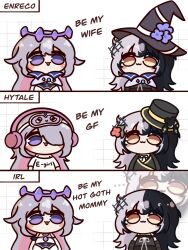  2girls absurdres black_hair blush chibi chibi_only colored_inner_hair commentary english_commentary gem hair_ornament hairclip happy headphones highres hiroavrs hololive hololive_english koseki_bijou long_hair mask mask_on_head multicolored_hair multiple_girls neck_ribbon pebble_(koseki_bijou) pink_hair ribbon shiori_novella shirt smile two-tone_hair violet_eyes virtual_youtuber white_background white_hair white_shirt 