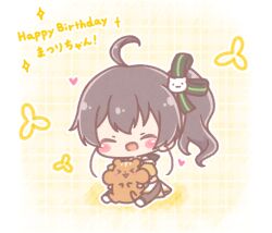  1girl :d ^_^ ahoge bare_shoulders black_hair blush_stickers brown_jacket brown_pantyhose chibi closed_eyes colored_shadow commentary_request happy_birthday heart highres hololive jacket matsurisu mitarashi_neko natsuiro_matsuri natsuiro_matsuri_(1st_costume) off-shoulder_jacket off_shoulder pantyhose pleated_skirt puffy_short_sleeves puffy_sleeves shadow shoes short_sleeves side_ponytail sitting skirt smile virtual_youtuber white_shoes white_skirt 