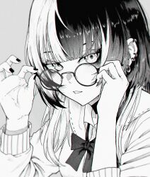  1girl absurdres adjusting_eyewear alternate_costume cardigan choker collared_shirt commentary ear_piercing gamousyno glasses greyscale highres hololive hololive_english long_hair looking_at_viewer monochrome multicolored_hair nail_polish parted_lips piercing portrait round_eyewear school_uniform shiori_novella shirt solo split-color_hair two-tone_hair untranslatable_commentary virtual_youtuber 