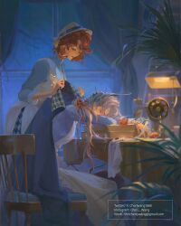  2girls blue_dress blue_eyes blue_shirt blue_sky cheri_wang closed_eyes clothes_blanket covering_with_blanket curtains desk_lamp dress email_address feet_out_of_frame from_side grey_hair hair_ornament hat highres indoors instagram_username lamp long_hair looking_down marsha_(reverse:1999) multiple_girls night plant profile red_hair reverse:1999 sentinel_(reverse:1999) sewing_machine shirt short_hair skirt sky sleeping sleeping_on_desk twitter_username white_hat white_skirt 