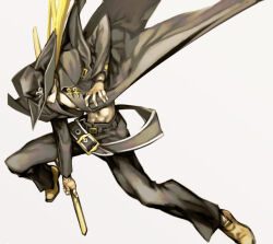  1boy abs belt black_coat black_hat black_pants blonde_hair buckle coat commentary cowboy_hat drawing_sword dynamic_pose english_commentary fingerless_gloves gloves guilty_gear hat holding holding_sword holding_weapon jacket johnny_(guilty_gear) long_hair looking_down male_focus midriff muscular navel open_clothes open_coat pants pectorals simple_background solo sunglasses sword weapon white_background ysk! 