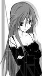  aria aria_(manga) bare_shoulders breasts cleavage coach_(artist) crossed_arms earrings jewelry long_hair monochrome solo 