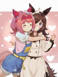  2girls absurdres animal_ears blue_overalls blush bow bow_hairband breasts brown_dress brown_hair brown_hairband brown_ribbon casual closed_eyes closed_mouth collared_dress commentary_request dress ear_bow ear_covers flipped_hair food211 hair_over_one_eye hairband haru_urara_(casual)_(umamusume) haru_urara_(umamusume) headband heart highres horse_ears horse_girl horse_tail hug long_hair long_sleeves multiple_girls overall_shorts overalls pink_hair pink_headband pink_shirt ponytail red_headband ribbon rice_shower_(casual)_(umamusume) rice_shower_(umamusume) shirt short_sleeves small_breasts smile tail umamusume violet_eyes white_hairband 