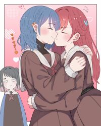  <|>_<|> 3girls black_hair black_shirt blue_hair blush border bow brown_dress closed_eyes closed_mouth commentary_request cowboy_shot dress gradient_hair hair_bow hair_ornament hasu_no_sora_school_uniform heart hug kinjou_maika kiss link!_like!_love_live! long_sleeves love_live! medium_hair multicolored_hair multiple_girls neckerchief orange_bow outside_border pink_background pink_hair profile rabbit_hair_ornament red_hair red_neckerchief reizawa_aoi sailor_collar sailor_dress school_uniform shirin_mion shirt smile soyo1558686 third_wheel turtleneck turtleneck_shirt undershirt white_border white_sailor_collar winter_uniform yuri 