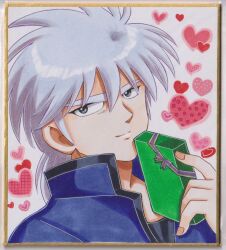  1boy black_shirt black_trim blue_cloak box chikoto_(kztc4472) choppy_bangs cloak commentary dragon_quest dragon_quest_dai_no_daibouken grey_eyes grey_hair heart heart_background high_collar highres holding holding_box hyunkel light_smile long_hair looking_at_viewer male_focus photo_(medium) picture_frame portrait purple_ribbon ribbon shirt solo thick_eyebrows traditional_media white_background white_day 
