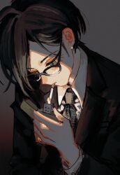  1boy absurdres bishounen black-framed_eyewear black_hair black_jacket brown_eyes candlelight cigarette collared_jacket collared_shirt commentary danganronpa_(series) danganronpa_v3:_killing_harmony english_commentary eyelashes ff9900 glasses grey_background hair_behind_ear hair_between_eyes highres holding holding_lighter jacket lighter lighting_cigarette long_sleeves looking_down male_focus necktie saihara_shuichi shirt short_hair simple_background smoking solo upper_body 