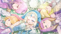  5girls absurdres animal_costume animal_hood armlet beret bird black_collar black_dress black_tiara blonde_hair blue_eyes blue_hoodie blue_streaks blunt_bangs bob_cut brown_capelet brown_coat brown_hat buttons capelet center-flap_bangs closed_eyes coat collar collared_shirt colored_inner_hair dappled_sunlight deerstalker detached_sleeves detective diamond_hairband double-breasted dress flat_chest fur-trimmed_collar fur_trim gawr_gura gawr_gura_(1st_costume) gold_armlet gold_hairband gradient_hair grass green_hair grey_hair grin hair_flaps hair_ornament hairband happy hat headpiece highres hololive hololive_english holomyth hood hoodie iris_(tb33064667) jewelry long_dress long_hair long_sleeves looking_at_another looking_at_viewer looking_up lying medium_hair mole mole_under_eye mori_calliope mori_calliope_(1st_costume) multicolored_hair multiple_girls necktie ninomae_ina'nis ninomae_ina'nis_(1st_costume) on_back on_side one_eye_closed orange_hair orange_hat orange_vest outdoors parted_lips phoenix pink_hair purple_hair red_eyes red_necktie shark_costume shark_girl shark_hood sharp_teeth shirt short_necktie shoulder_spikes sidelocks sleeveless sleeveless_dress sleeveless_shirt smile spikes straight_hair strapless strapless_dress streaked_hair sunlight swept_bangs takanashi_kiara takanashi_kiara_(1st_costume) teeth tentacle_hair tiara tube_dress upper_body upper_teeth_only vest violet_eyes virtual_youtuber watson_amelia watson_amelia_(1st_costume) white_shirt wide_sleeves 