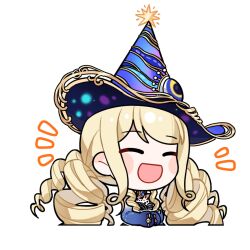  1girl ^_^ artist_request bead_necklace beads blonde_hair blue_dress blue_gloves blue_hat blue_sleeves blush_stickers chibi choker clenched_hands closed_eyes covenant_of_time_(infinity_nikki) crescent cropped_torso disembodied_eye dress drill_hair elbow_gloves eye_print gloves gold_choker gold_ring happy hat hat_ornament hexagram infinity_nikki jewelry laughing long_hair long_sleeves low_twintails multiple_rings necklace nikki_(series) notice_lines official_art open_mouth own_hands_together print_sleeves ring ring_on_every_finger sleeves_past_fingers sleeves_past_wrists smile solo star_(symbol) star_hat_ornament sticker_(medium) strapless strapless_dress striped_clothes striped_headwear transparent_background twintails two-sided_fabric two-sided_headwear very_long_hair wizard wizard_hat 