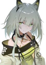  1girl absurdres animal_ear_fluff animal_ears arknights bare_shoulders breasts cat_ears cat_girl closed_mouth coat commentary dress green_dress green_eyes green_hair grey_background grey_coat highres kal'tsit_(arknights) looking_at_viewer medium_breasts simple_background solo stethoscope stethoscope_around_neck upper_body wagaya43 watermark 