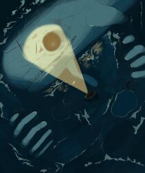  absurdres bbizim03 black_sclera boat colored_sclera commentary english_commentary flashlight flashlight_beam from_above highres horror_(theme) limbus_company night outdoors project_moon scar sharp_teeth teeth the_pallid_whale water watercraft whale 