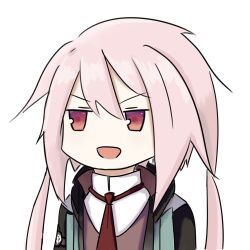  1boy :d absurdres ansel_(arknights) arknights brown_vest collared_shirt commentary hair_between_eyes highres jacket long_hair male_focus necktie no_nose open_clothes open_jacket open_mouth phb2000325 pink_hair rabbit_boy red_eyes red_necktie shirt simple_background smile solo untranslatable_commentary upper_body v-shaped_eyebrows vest white_background white_shirt 