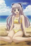  beach bikini blue_eyes highres kneeling kono_aozora_ni_yakusoku_wo kujou_miyaho long_hair purple_hair sitting swimsuit wariza 