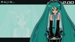  1girl 3d absurdres animasa_model_(mikumikudance) antenna_hair aqua_eyes aqua_hair aqua_necktie bare_shoulders black_sleeves blush detached_sleeves english_text grey_shirt hair_between_eyes hair_ornament hatsune_miku headphones headset highres kio_(majin_kz) letterboxed long_hair looking_at_viewer mikumikudance_(medium) necktie shirt sleeveless sleeveless_shirt smile solo thigh-highs twintails variant_set very_long_hair vocaloid zoom_layer 