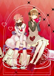  1boy 2girls :t absurdres ao_no_hako apron argyle_background argyle_clothes argyle_pantyhose between_legs black_sparkles bow braid brown_eyes brown_hair brown_nails candy chibi chocolate chouno_hina commentary_request covering_own_mouth dress eating english_text food food_writing frilled_apron frilled_hairband frills grey_apron hair_bow hair_ornament hairband hand_between_legs heart heart-shaped_chocolate heart-shaped_food heart_hair_ornament highres holding holding_chibi holding_chocolate holding_food inomata_taiki kano_chinatsu leg_warmers loafers multiple_girls nail_polish pantyhose pink_eyes pink_hair red_background red_shoes ribbed_sweater ribbon sailor_dress see-through_leg_warmers shoes signature sitting sneakers sparkle striped_ribbon sweater tanino_miho twin_braids twitter_username valentine white_dress white_pantyhose 