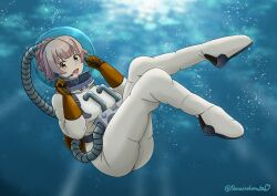  1girl absurdres alternate_costume breasts commission diving diving_helmet diving_suit dry_suit headset helmet highres kantai_collection medium_breasts open_mouth pink_hair pixiv_commission smile solo sorairo_haruka underwater yellow_eyes yura_(kancolle) 