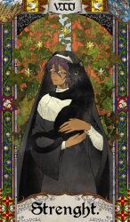 1girl animal bird black_cat black_dress blue_border blue_sky border capelet card_(medium) cat closed_eyes closed_mouth clouds cloudy_sky commentary_request dark-skinned_female dark_skin dress english_text eyelashes facing_to_the_side fish floral_background floral_border flower flower_ornament glasses hair_between_eyes highres holding holding_animal holding_cat long_sleeves nun nun_headdress orange_background original rosalyne_(unholymilk) short_hair sky smile solo sparkle_background strength_(tarot) tarot tarot_(medium) thai_commentary unholymilk upper_body violet_eyes water wheat_field white_capelet white_flower wide_sleeves 