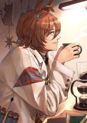  1boy absurdres agnes_tachyon_(umamusume) ahoge animal_ears brown_hair coffee commentary cup english_commentary from_side genderswap genderswap_(ftm) hair_between_eyes highres holding holding_cup horse_boy horse_ears lab_coat long_sleeves male_focus oshiri_seijin recursive_genderswap short_hair solo steam test_tube umamusume upper_body 