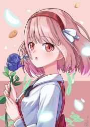  1girl :o absurdres blue_flower blue_rose blush braid breasts fire_emblem fire_emblem_engage flower grey_hairband hair_ribbon hairband highres lapis_(fire_emblem) looking_at_viewer medium_breasts multicolored_hairband official_alternate_costume pink_hair potato red_eyes red_hairband ribbon rose shirt shirt_under_dress side_braid solo tokuh_(toku_h_) two-tone_hairband white_ribbon white_shirt 