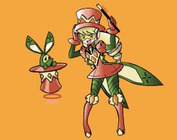  2girls blonde_hair commentary cosmicnobab dress drill_hair em_wave_change_(mega_man) gloves hand_on_headwear hat highres long_hair luna_platz_(mega_man) magician's_wand mega_man_(series) mega_man_star_force_(series) multiple_girls open_mouth orange_background rabbit red_dress red_gloves red_hat signature simple_background smile top_hat twin_drills vogue_(mega_man) 