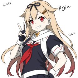  1girl black_gloves black_serafuku black_shirt blonde_hair commentary_request fingerless_gloves gloves gradient_hair grin hair_ribbon highres jakumaku-kun kantai_collection long_hair multicolored_hair neckerchief poi_(phrase) red_eyes red_hair red_neckerchief ribbon sailor_collar scarf school_uniform serafuku shirt smile solo v white_sailor_collar white_scarf yuudachi_(kancolle) yuudachi_kai_ni_(kancolle) 