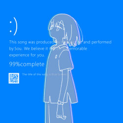  1girl blue_background blue_screen_of_death commentary_request cowboy_shot english_text highres muji_(uimss) original qr_code shirt short_sleeves solo standing watch watch 