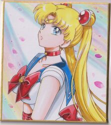  1girl back_bow bishoujo_senshi_sailor_moon blonde_hair blue_eyes blue_sailor_collar bow breasts chikoto_(kztc4472) choker collarbone commentary crescent crescent_choker crescent_earrings double_bun earrings from_side gem gold_tiara hair_bun hair_ornament highres jewelry leotard lips lone_nape_hair long_hair looking_at_viewer looking_to_the_side magical_girl medium_breasts parted_bangs parted_lips petals photo_(medium) picture_frame pink_petals rainbow_background red_bow red_choker red_gem sailor_collar sailor_moon sailor_senshi_uniform short_sleeves solo tiara traditional_media transformation_brooch_(sailor_moon) tsukino_usagi twintails upper_body very_long_hair white_leotard 
