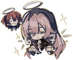  2girls 67_(meme) arknights black_jacket closed_mouth commentary english_commentary exusiai_(arknights) frown hair_between_eyes halo jacket lemuen_(arknights) long_hair looking_at_another looking_at_viewer meme multiple_girls one_side_up open_mouth pink_hair red_hair short_hair sparkle white_halo yeti3982 