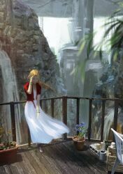  1girl aerith_gainsborough blurry blurry_foreground brown_hair chair closed_eyes closed_mouth commentary deadcalm_(de6mpgi6jb44717) dress final_fantasy final_fantasy_vii full_body highres in-universe_location long_hair open_clothes open_shirt plant potted_plant railing red_shirt shirt solo standing water waterfall white_dress 