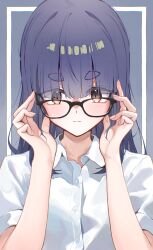  1girl absurdres adjusting_eyewear alternate_hairstyle black-framed_eyewear blue_background brown_eyes closed_mouth collared_shirt dress_shirt glasses hands_up highres looking_at_viewer nene_(neneeeeeillust) oogaki_chiaki shirt short_sleeves solo straight-on white_shirt yurucamp 