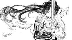  1boy bird cheng_heguang closed_eyes closed_mouth commentary_request facing_viewer feather_boa floating_hair greyscale highres holding holding_sword holding_weapon japcho jian_(weapon) korean_commentary long_hair male_focus monochrome ponytail reverse:1999 single_arm_armor sketch solo sword very_long_hair weapon white_background 