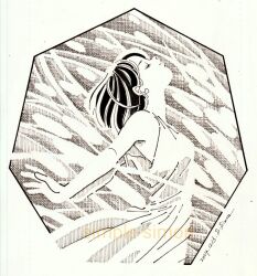  1girl artist_name bare_arms closed_eyes closed_mouth commentary_request cowboy_shot dated dress greyscale hatching_(texture) head_back linear_hatching medium_hair monochrome original plant solo standing sundress traditional_media zpihr6jprso2r2l 