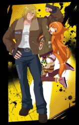  absurdres animal_ears belt blonde_hair blue_eyes bomber_jacket brown_ribbon crop_top crossover denim dog_tags ear_ribbon fatal_fury fatal_fury:_city_of_the_wolves flexing garou:_mark_of_the_wolves green_belt green_jacket hanging_on_arm highres horse_ears horse_girl horse_tail jacket jeans large_pectorals mayano_top_gun_(scramble_zone)_(umamusume) mayano_top_gun_(umamusume) mergeritter orange_hair orange_tail pants pectorals ribbon shorts tail terry_bogard two_side_up umamusume white_shorts 
