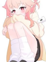  1girl absurdres black_shoes black_skirt blue_archive blush bright_pupils coat commentary_request from_below full_body hair_between_eyes hair_bun hair_flaps hair_ornament hair_scrunchie highres long_sleeves looking_at_viewer loose_socks natsu_(band)_(blue_archive) natsu_(blue_archive) official_alternate_costume petako_(ptpt_k) pink_hair pleated_skirt red_eyes scrunchie shoes sidelocks simple_background skirt socks solo white_background white_pupils white_socks yellow_coat 
