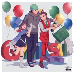  1girl 2boys 3llo_3 :d ^_^ ace_attorney anniversary antenna_hair apollo_justice apollo_justice:_ace_attorney aqua_hat bag balloon basket beanie beard_stubble belt belt_pouch black_hair black_pants black_sandals black_socks blue_belt blue_cape blue_dress blue_eyes blue_hat blue_scarf boots border bottle bracelet breasts brown_eyes brown_hair buttons cape closed_eyes commentary_request copyright_name diamond_button double-breasted double-parted_bangs drawstring dress facial_hair food_wrapper forked_eyebrows full_body gloves gold_bracelet green_necktie grey_background grey_hoodie grin hand_in_pocket hands_up hat highres holding holding_bag holding_basket holding_bottle hood hoodie jewelry knee_boots knee_up kneehighs lapel_pin lapels letter_banner long_sleeves looking_at_another looking_to_the_side medium_hair multiple_boys necktie notched_lapels off-shoulder_dress off_shoulder open_mouth pants phoenix_wright pouch red_pants red_scarf red_shoes red_socks red_vest sandals scarf shirt shoes shopping_basket short_hair sideways_hat signature sleeves_rolled_up small_breasts smile socks standing standing_on_one_leg striped_belt stubble sweatdrop teeth toes top_hat trucy_wright twitter_username upper_teeth_only vest waistcoat walking watermark white_boots white_border white_gloves white_shirt wine_bottle zipper zipper_pull_tab 